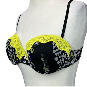 Express Intimates Flirty Balconette Bra Black Yellow Lace Adjustable 36B NEW